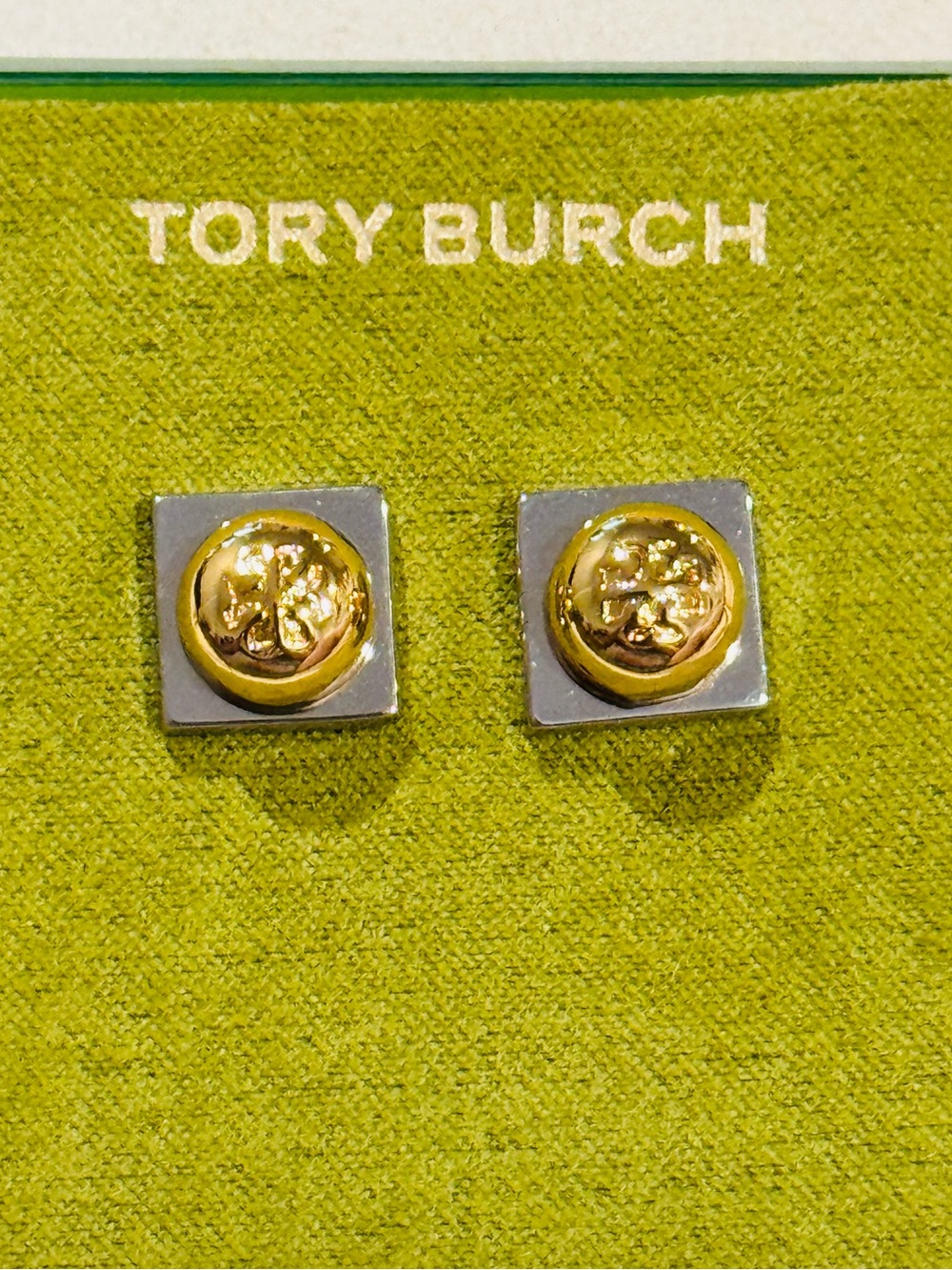 Tory Burch Two-Tone Silver & Gold Square Logo Dome Stud Earrings NWT